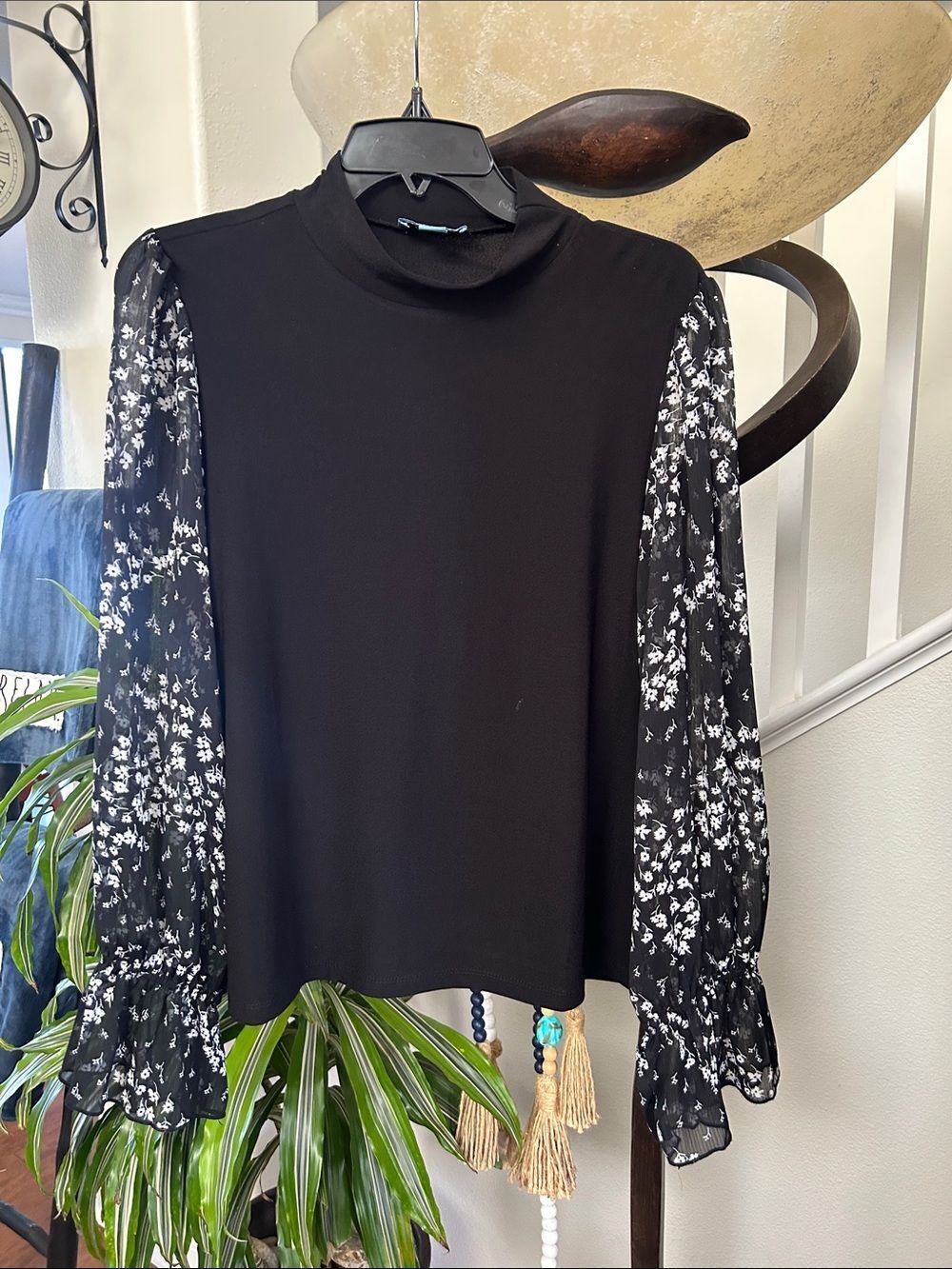 CeCe Black Mock Neck Top with White Floral Sheer Sleeves